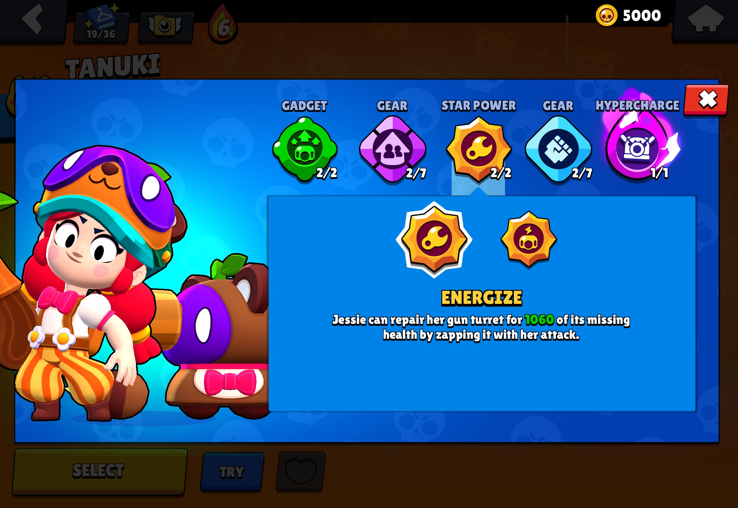 Brawl Stars example setup showing Jessie’s Star Power and Gadget equipped