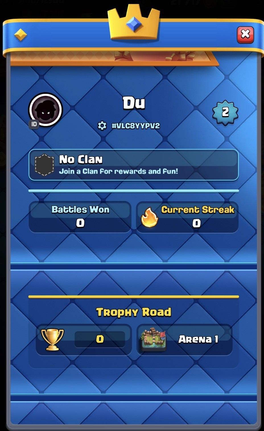 Clash Royale example beginner account showing low trophies and basic cards