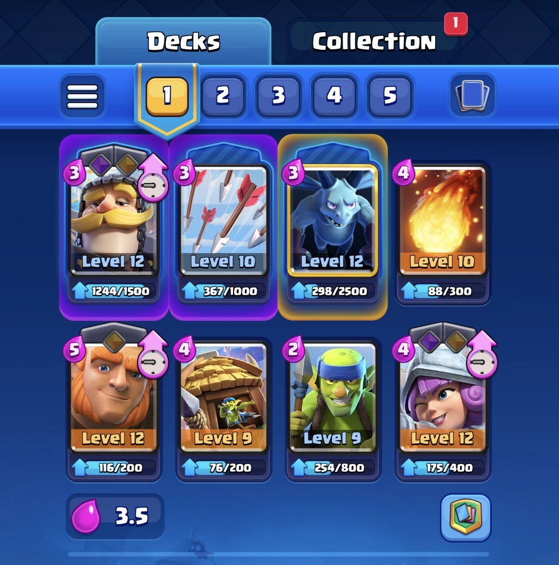Clash Royale example showing beginner cards wisely upgraded in main deck